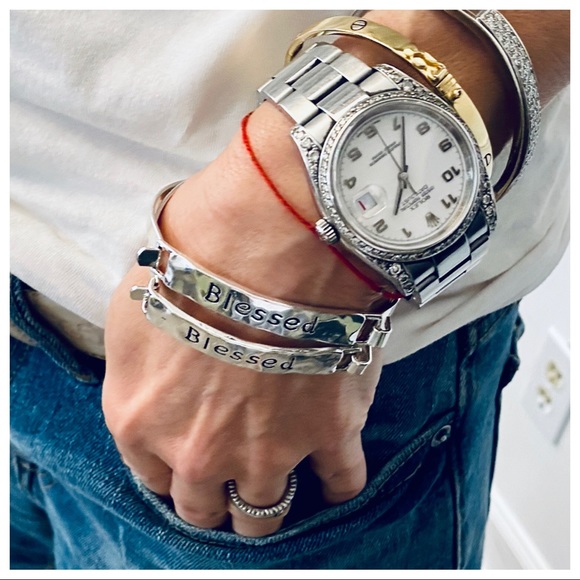 SET OF 2 BLESSED SILVER STAINLESS STEEL BANGLE - Picture 2 of 5